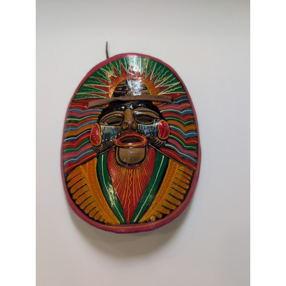 Vtg Mexican Mask Clay Pottery Hand Painted Colorful Folk Art Wall Hanging